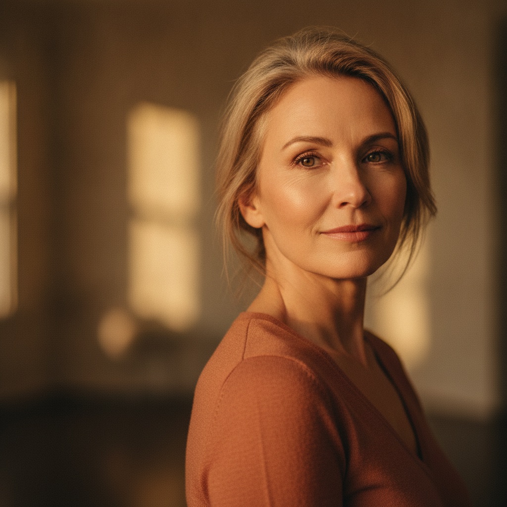 Woman in warm golden light with a calm, knowing expression
