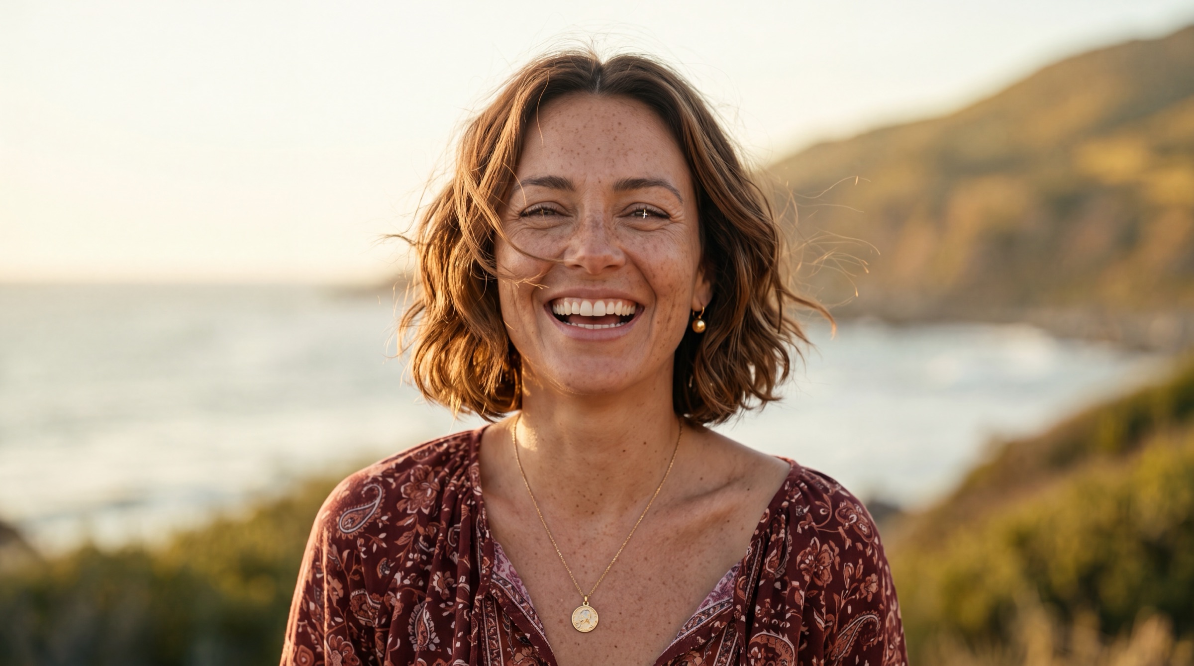 Woman turning her face to the sun in warm film light, calm and forward-looking