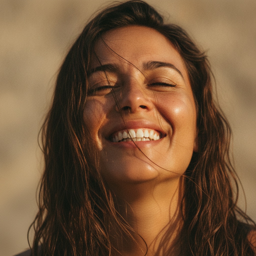 Woman smiling with her eyes closed in warm golden light