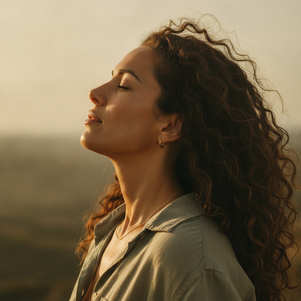Woman with her face to the sun, eyes closed, serene